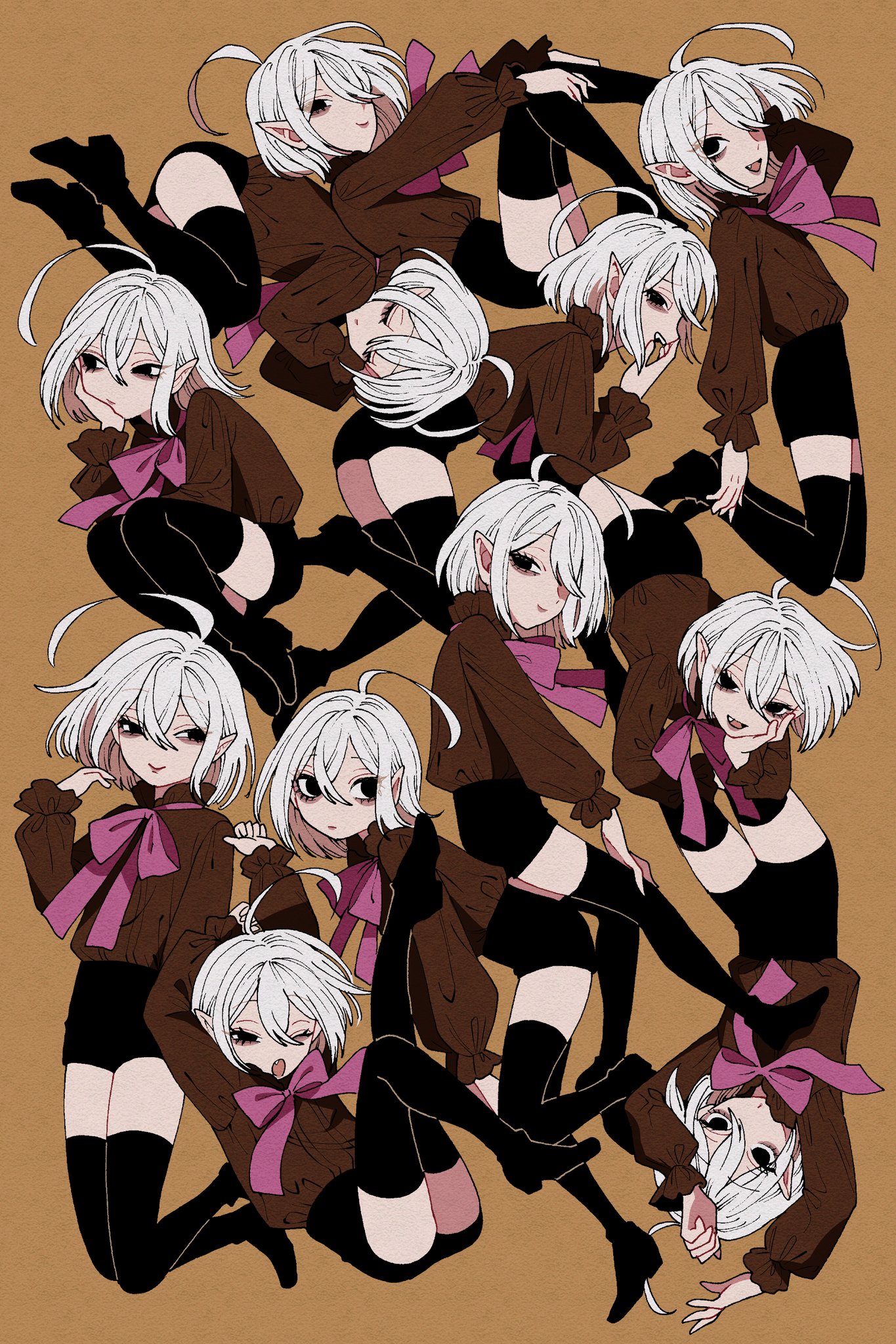 1boy ahoge arms_up ass bags_under_eyes bent_over black_boots black_eyes black_shorts bob_cut boots bow brown_background brown_shirt closed_eyes closed_mouth covering_own_mouth double-parted_bangs fang frilled_shirt frilled_sleeves frills from_side full_body hair_between_eyes half-closed_eyes hand_on_another's_thigh hand_over_own_mouth hand_up hands_on_own_knees head_on_hand highres in_air knee_up leg_up long_sleeves looking_at_viewer looking_to_the_side lying male_focus medium_hair midair ohayousan_084 on_side on_stomach one_eye_closed open_mouth original pale_skin parted_bangs pink_bow pointy_ears puffy_sleeves rose_(ohayousan_084) shirt short_hair shorts sideways_glance sleeping smile stretching teeth thigh_boots trap upper_teeth_only upside-down vampire white_hair yaoi