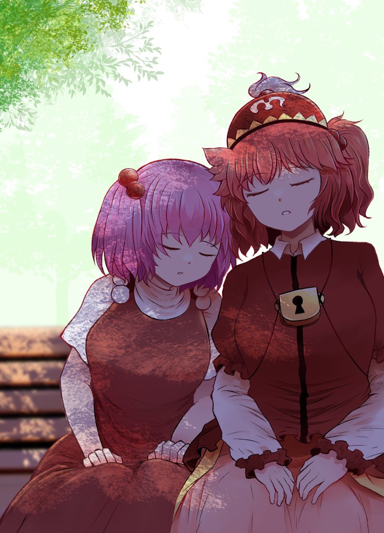 2girls bench bow hair_bobbles hair_ornament hat kawashiro_mitori lock long_sleeves multiple_girls on_bench park_bench pink_hair red_hair ribbon saifisu sara_(touhou) shirt short_hair side_ponytail sleeping touhou touhou_(pc-98) tree