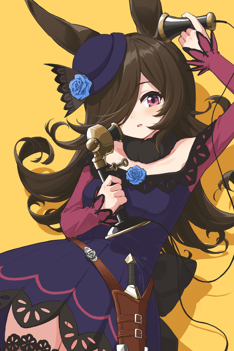 1girl animal_ears antique_phone back_bow belt black_bow black_hair black_thighhighs blue_dress blue_flower blue_hat blue_rose bow brown_belt commentary cowboy_shot dagger dress flower fur_collar hair_over_one_eye hat hat_flower highres holding holding_phone horse_ears horse_girl knife lace lace-trimmed_dress lace-trimmed_thighhighs lace_trim large_bow long_hair long_sleeves looking_at_viewer loose_belt mikuru_ism off-shoulder_dress off_shoulder open_mouth phone purple_eyes rice_shower_(umamusume) rose shadow sheath sheathed short_dress simple_background solo standing thighhighs tilted_headwear umamusume weapon yellow_background