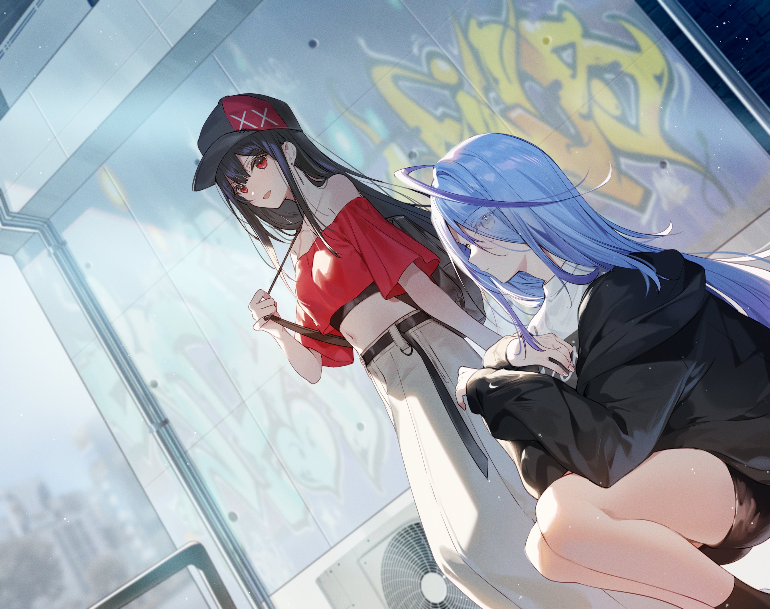 2girls :d ahoge backpack bag bare_legs baseball_cap belt black_hair black_shorts condenser_unit cropped_shirt dutch_angle graffiti hair_over_one_eye hat high-waist_pants highres ikebukuro_shiika jacket kao_sae_yokereba_ii_kyoushitsu long_hair midriff multiple_girls necomi novel_illustration off_shoulder official_art open_clothes open_jacket open_mouth otsuka_tatsuki pants purple_hair red_eyes second-party_source shorts sideways_glance sitting smile standing strap_pull yellow_eyes
