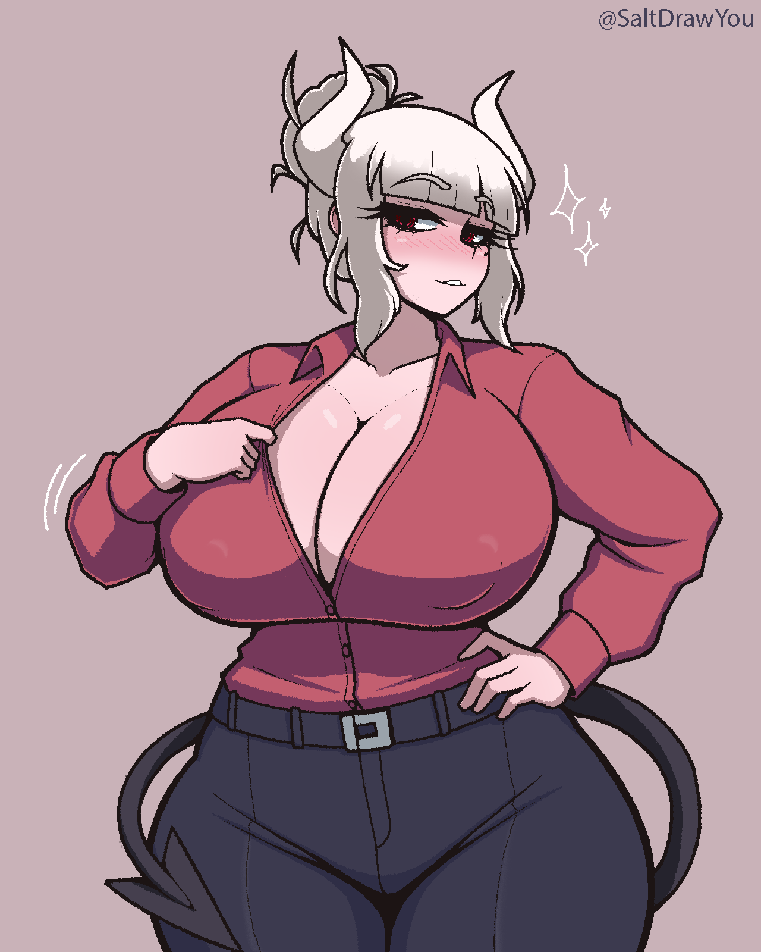 1girl absurdres artist_name belt belt_buckle black_belt black_pants black_tail blunt_bangs blush breasts buckle cleavage clothes_pull collarbone commentary commission curvy demon_girl demon_horns demon_tail english_commentary hair_bun hand_on_own_hip hand_up helltaker highres horns huge_breasts long_sleeves looking_at_viewer lucifer_(helltaker) mole mole_under_eye pants parted_lips red_eyes red_shirt saltdrawyou shirt shirt_pull shirt_tug short_hair sidelocks simple_background single_hair_bun smile solo tail white_hair white_horns