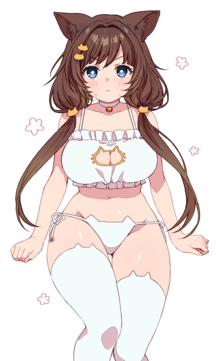 1girl animal_ears bell blue_eyes blush bra breasts brown_hair cat_ears cat_hair_ornament cat_lingerie cleavage_cutout clothing_cutout collar ekra granblue_fantasy hair_ornament highres large_breasts long_hair low_twintails meme_attire navel neck_bell no_headwear panties raziel_(granblue_fantasy) simple_background small_sweatdrop solo thighhighs thighs twintails underwear underwear_only white_panties white_thighhighs