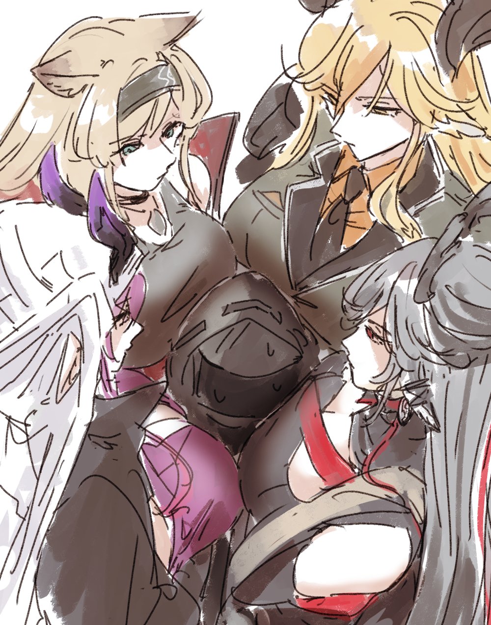 1other 4girls animal_ears antlers arknights ascalon_(arknights) black_dress black_hairband black_necktie blonde_hair breasts cleavage commentary_request covered_face deer_antlers deer_ears deer_girl degenbrecher_(arknights) demon_horns doctor_(arknights) dress expressionless face_to_breasts from_above gacha_(game_mechanic) goat_ears goat_girl goat_horns green_eyes green_jacket grey_hair grey_tank_top hairband height_difference highres hood hood_up horn_(arknights) horns jacket jewelry large_breasts long_hair looking_at_another mask misago33695466 multiple_girls necklace necktie orange_shirt pointy_ears purple_hair purple_shirt qiubai_(arknights) red_eyes shirt surrounded tank_top white_background white_hood wolf_ears wolf_girl