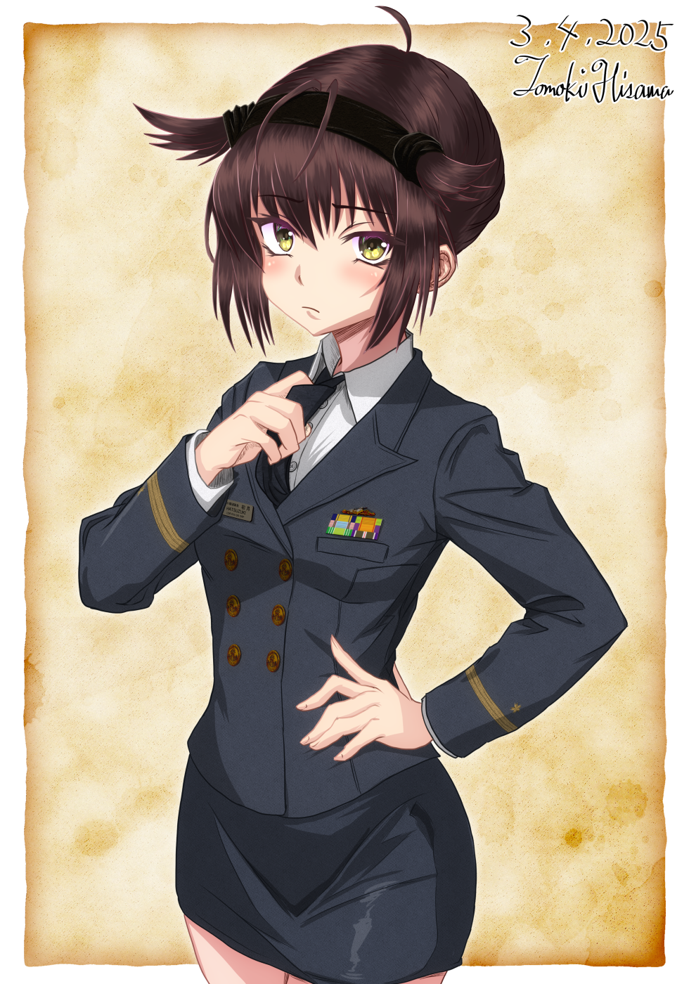 1girl alternate_costume artist_name black_headband black_jacket black_necktie black_skirt brown_hair buttons collared_shirt dated double-breasted hair_flaps hand_on_own_hip hatsuzuki_(kancolle) headband highres hisamatomoki jacket japan_maritime_self-defense_force japan_self-defense_force kantai_collection long_sleeves looking_at_viewer military military_dress_uniform military_rank_insignia military_uniform naval_dress_uniform naval_uniform necktie one-hour_drawing_challenge ribbon_bar shirt short_hair simple_background skirt solo white_shirt yellow_eyes
