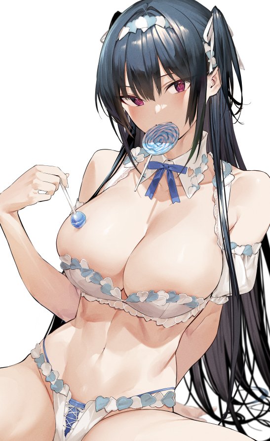 1girl bare_shoulders black_hair blue_panties blue_ribbon breasts candy collar collarbone cross-laced_underwear detached_collar food food_in_mouth food_on_body food_on_breasts hair_ribbon haite_kudasai_takamine-san heart_headband hiiragi_yuuichi holding holding_candy holding_food holding_lollipop large_breasts lollipop long_hair midriff navel neck_ribbon panties pink_eyes ribbon takamine_takane underwear white_collar white_ribbon