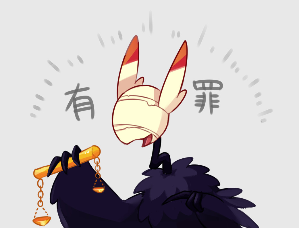 animal_ears animal_focus balance_scale bandages bandages_over_eyes bird bird_ears black_bird chain claws commentary_request gold_chain grey_background holding_scale judgement_bird lobotomy_corporation masyu_ori no_humans notice_lines open_mouth project_moon simple_background smile solo upper_body weighing_scale