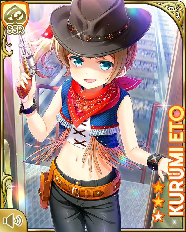 1girl :d black_hat black_pants blonde_hair blue_eyes card_(medium) character_name cowboy_clothes cowboy_hat cowboy_western day denim eto_kurumi girlfriend_(kari) gun handgun handkerchief hat holding holding_weapon jeans midriff navel official_art open_mouth outdoors pants pistol ponytail qp:flapper red_neckwear shirt smile solo tagme weapon white_shirt