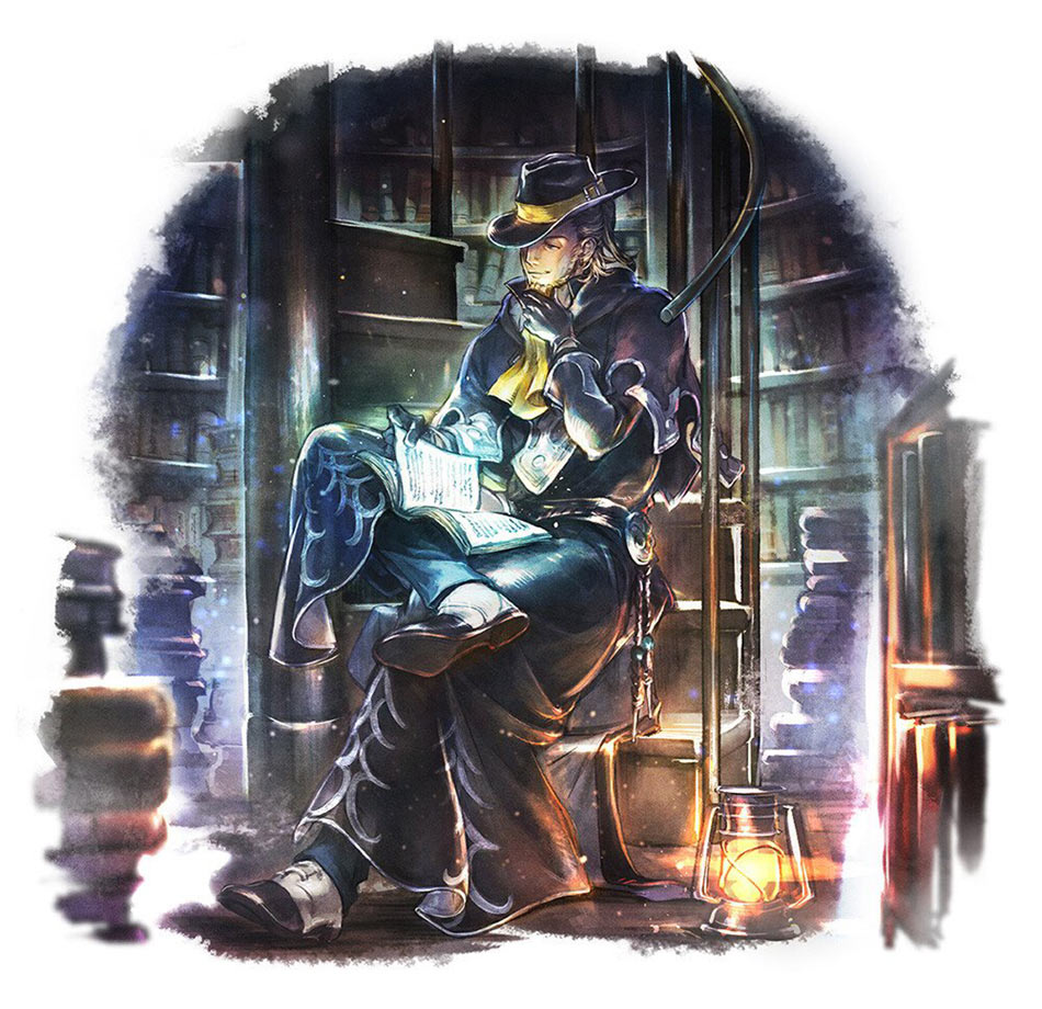 1boy beard book bravely_default_(series) bravely_default_ii elvis_lesley facial_hair hat lantern octopath_traveler octopath_traveler:_champions_of_the_continent official_art