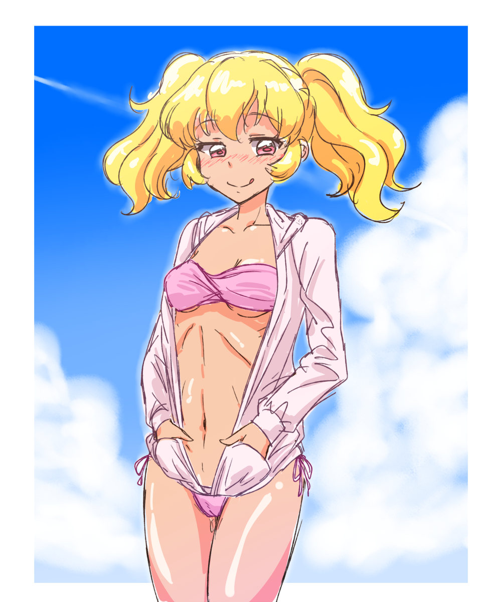 1girl :p aikatsu!_(series) aikatsu_stars! bare_arms bare_shoulders bikini blonde_hair blue_sky blush border breasts cameltoe cleavage closed_mouth cloud cloudy_sky collarbone cowboy_shot day highres hood hood_down hoodie hoshimiya_ichigo kurorook looking_at_viewer medium_breasts midriff naughty_face navel nose_blush open_clothes open_hoodie outdoors outside_border pink_bikini red_eyes shiny_skin side-tie_bikini_bottom sideways_glance sky solo stomach strapless strapless_bikini string_bikini swimsuit tan toned tongue tongue_out twintails underboob white_border white_hoodie