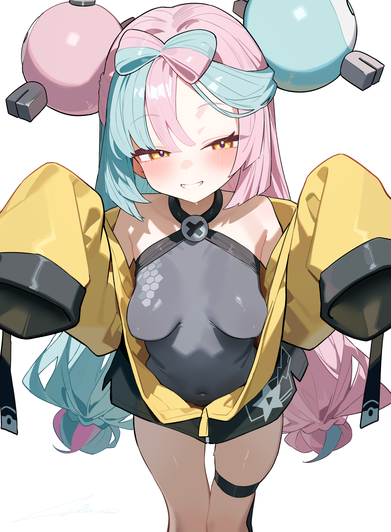 1girl bow-shaped_hair character_hair_ornament hair_ornament hexagon_print highres iono_(pokemon) jacket nintendo overlord_(overlord80000) oversized_clothes pokemon pokemon_sv simple_background sleeves_past_fingers sleeves_past_wrists solo very_long_sleeves white_background x yellow_jacket