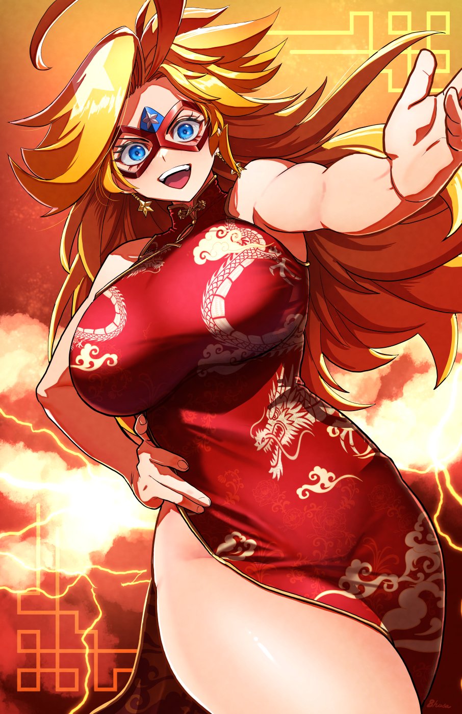 1girl 2024 blonde_hair blue_eyes breasts china_dress chinese_clothes chinese_new_year chinese_zodiac commentary commentary_request commission domino_mask dragon_print dress earrings english_commentary floating_earrings fujioka_yatsufusa highres huge_breasts kamen_america kamen_america_(comic) long_hair mask mixed-language_commentary print_dress reaching reaching_towards_viewer red_dress side_slit solo teeth thick_thighs thighs upper_teeth_only year_of_the_dragon