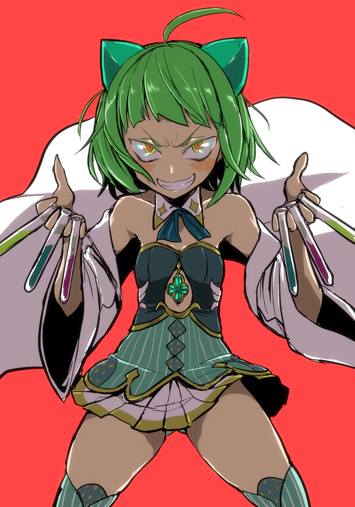 1girl ahoge backlighting bare_shoulders between_fingers blunt_bangs commentary_request cowboy_shot detached_collar dress flask floating_clothes furrowed_brow green_hair green_thighhighs grin hands_up holding holding_flask ken_(koala) lab_coat long_sleeves looking_at_viewer magia_record:_mahou_shoujo_madoka_magica_gaiden magical_girl mahou_shoujo_madoka_magica miyako_hinano panties panty_peek red_background short_hair simple_background smile solo thighhighs underwear yellow_eyes