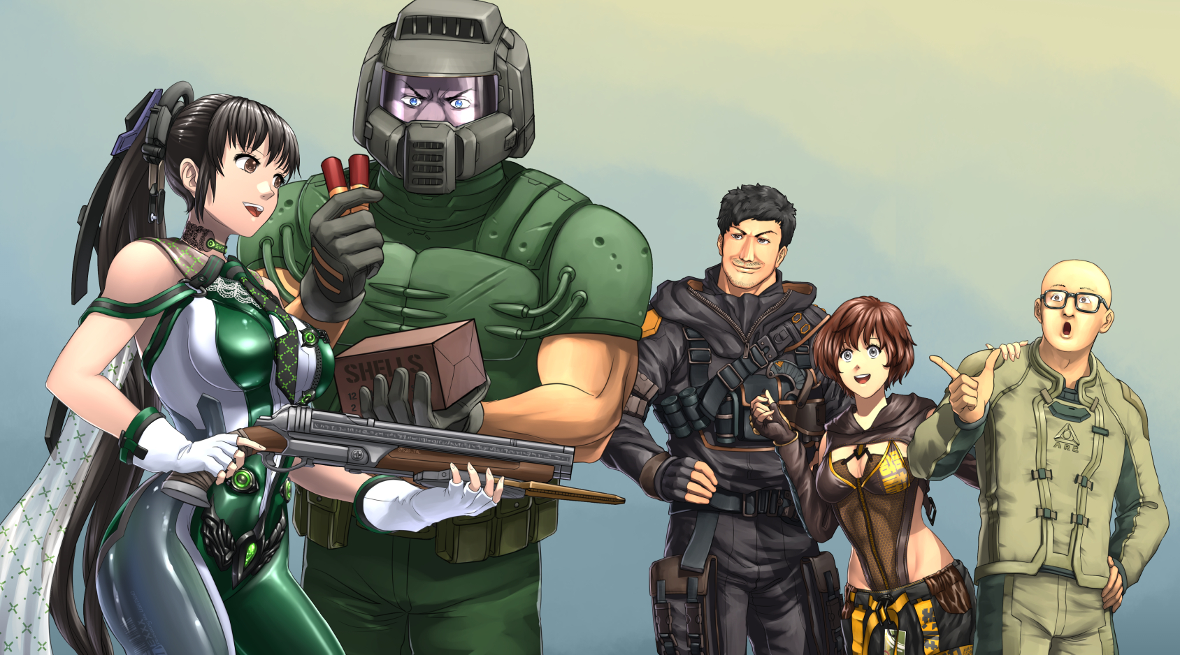 2girls 3boys adam_(stellar_blade) ammunition ammunition_box android armor assault_visor black_hair black_pants blue_eyes blunt_bangs bodysuit breasts brown_eyes brown_hair clothing_cutout commentary doom_(series) doomguy double-barreled_shotgun english_commentary eve_(stellar_blade) facial_hair fingerless_gloves glasses gloves green_armor green_bodysuit green_necktie grey_eyes gun hair_ornament hairclip hand_on_another's_shoulder highres holding lily_(stellar_blade) long_hair medium_breasts multiple-barrel_gun multiple_boys multiple_girls necktie open_mouth pants planet_diving_suit_(7th)_(stellar_blade) ponytail shotgun shotgun_shell shoulder_cutout side-by-side-barreled_shotgun simple_background smile space_marine standing stellar_blade substance20 very_long_hair weapon zipper