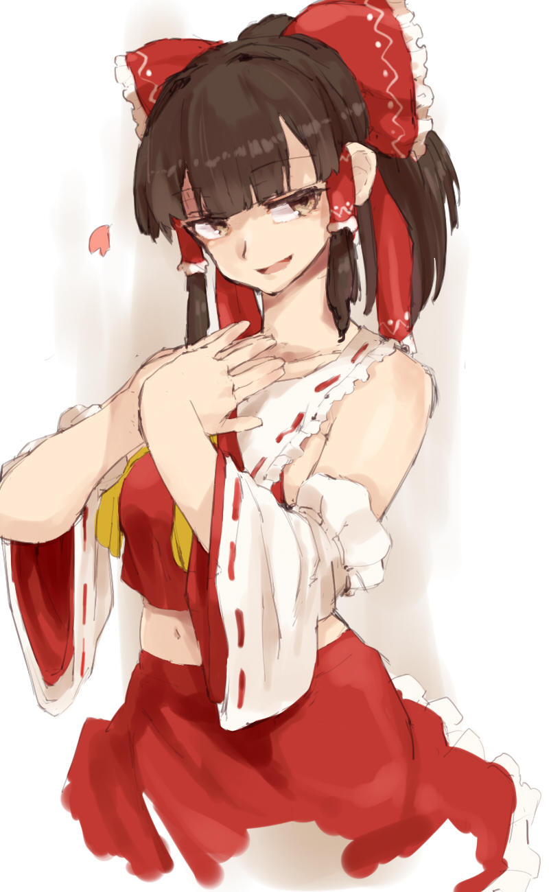 1girl :d bare_shoulders blunt_bangs breasts brown_eyes brown_hair collarbone crop_top detached_sleeves female_focus hakurei_reimu head_tilt highres japanese_clothes kariinu matching_hair/eyes midriff miko navel nontraditional_miko open_mouth petals shirt sidelocks sleeveless sleeveless_shirt smile solo touhou