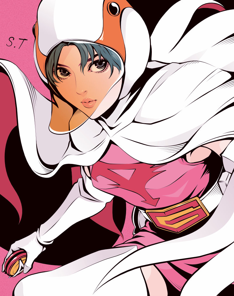 1girl belt bird cape closed_mouth commentary_request cowboy_shot elbow_gloves eyelashes gatchaman gloves goose grey_eyes grey_hair holding jun_the_swan limited_palette lips looking_at_viewer pink_shirt shirt signature solo spot_color takanashi_shin thighhighs white_belt white_cape white_gloves white_thighhighs