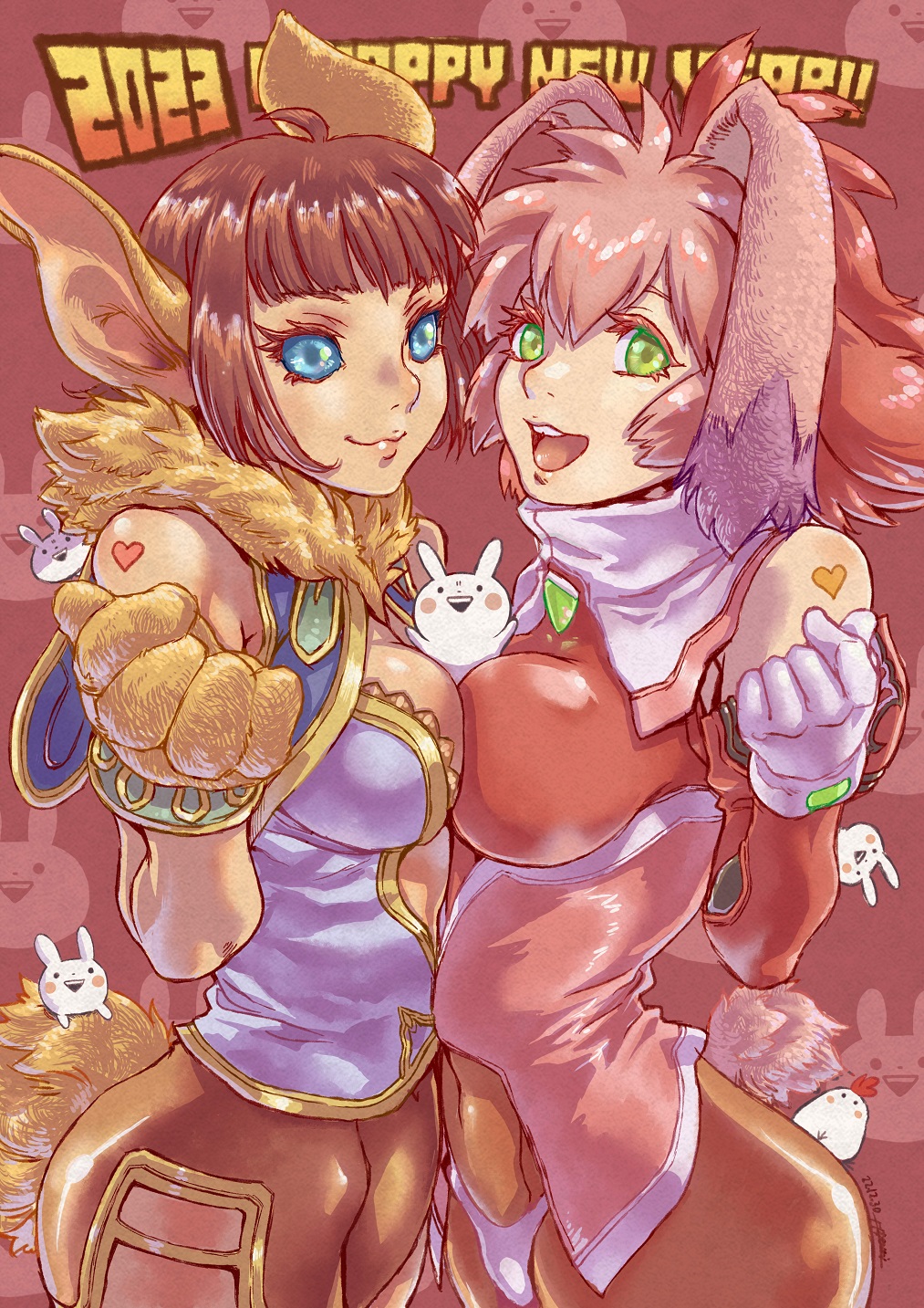 2023 animal_ears animal_hands blue_eyes breasts brown_hair chrono_cross cleavage_cutout clothing_cutout crossover gloves green_eyes happy_new_year highres janice_(chrono_cross) long_hair looking_at_viewer medium_breasts monster_girl multiple_girls new_year open_mouth pantyhose pink_hair rabbit_ears rabbit_girl ryon_(yasagure_un) seraphita_(xenogears) short_hair smile tail trait_connection xenogears