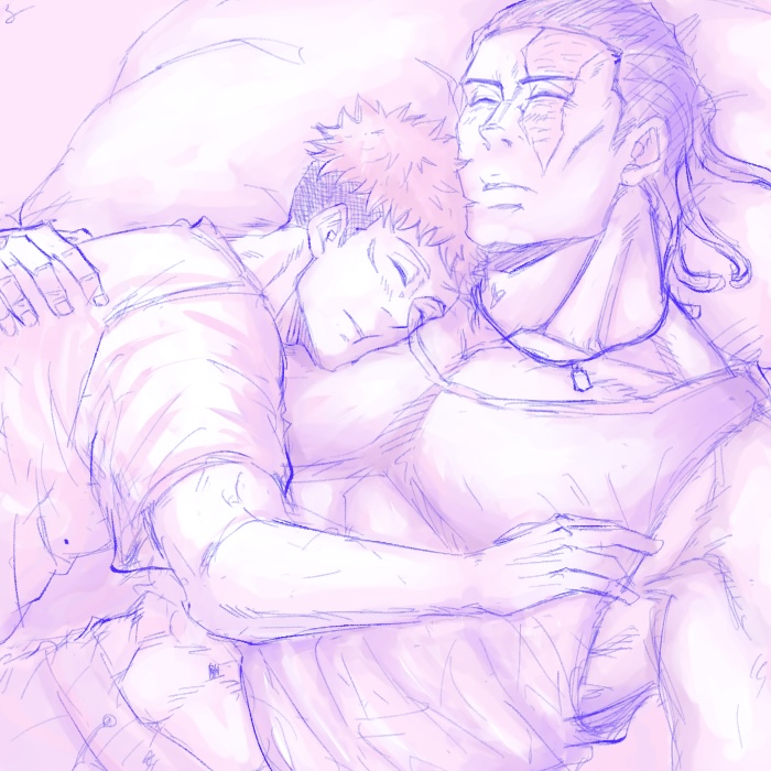 2boys abs artist_request bara black_hair couple from_above itadori_yuuji jujutsu_kaisen large_pectorals lying male_focus midriff_peek monochrome multiple_boys muscular muscular_male on_back pectoral_cleavage pectoral_pillow pectorals pink_theme scar scar_across_eye scar_on_face short_hair sideburns sidepec size_difference sleeping sleeping_on_person tank_top toudou_aoi_(jujutsu_kaisen) undercut yaoi
