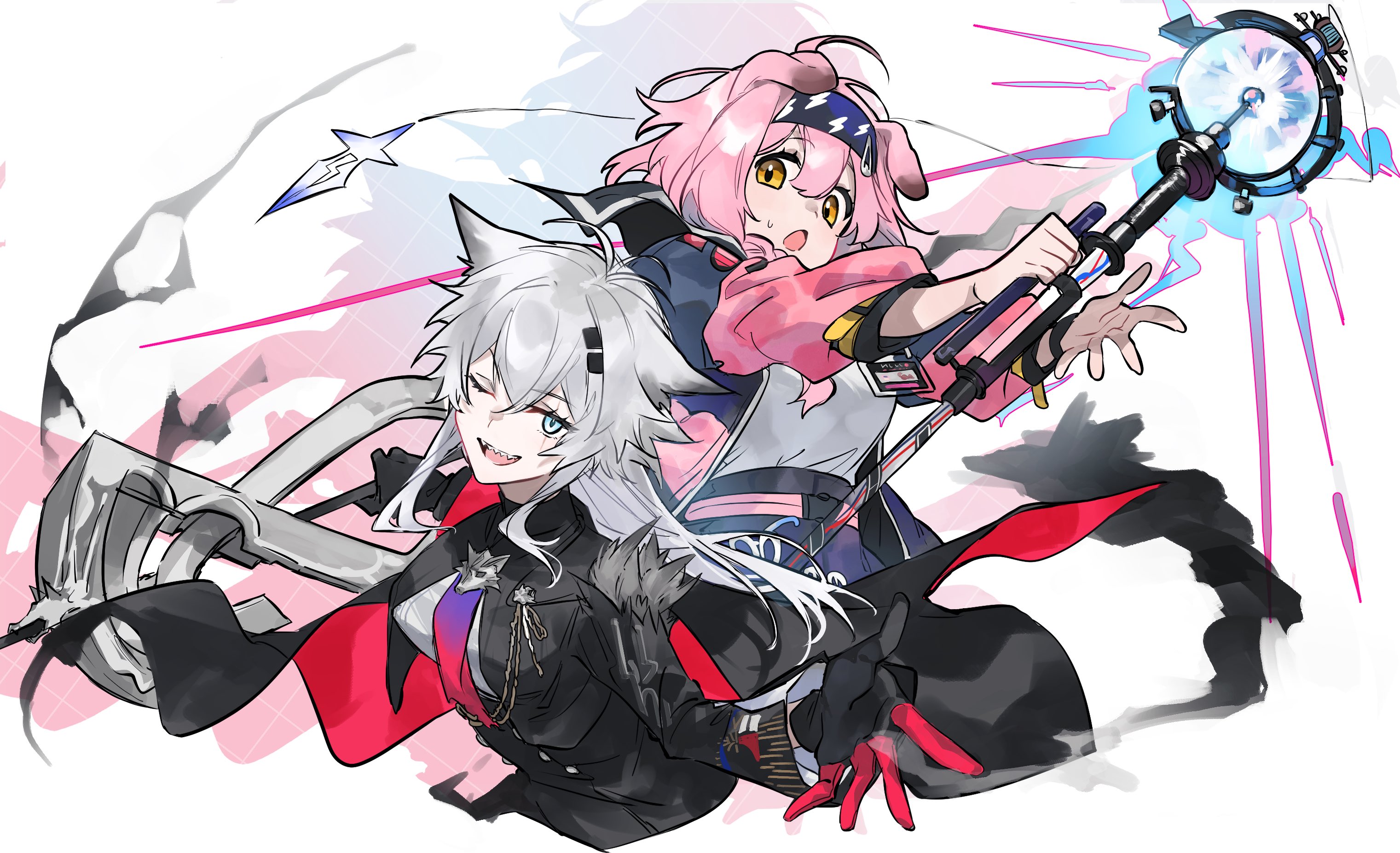 2girls :o animal animal_ears arknights black_cape black_coat black_gloves blue_eyes cape cat_ears coat commentary_request cropped_torso gloves goldenglow_(arknights) grey_hair highres holding holding_staff jacket lappland_(arknights) lappland_the_decadenza_(arknights) lightning_bolt_print long_hair multiple_girls one_eye_closed pink_hair pink_jacket red_cape red_gloves scar scar_across_eye scar_on_face sharp_teeth shirt short_hair simple_background staff teeth two-sided_cape two-sided_fabric two-tone_gloves upper_body weapon_connection white_background white_shirt wolf_ears yakota_(usuk-yako) yellow_eyes