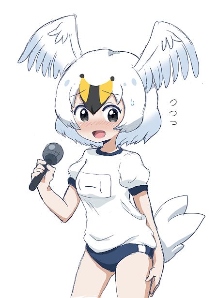 10s 1girl alternate_costume black_hair blonde_hair blush buruma feathered_wings female_focus gym_uniform head_wings kadoko kemono_friends microphone multicolored_hair open_mouth short_hair solo tundra_swan_(kemono_friends) white_background wings