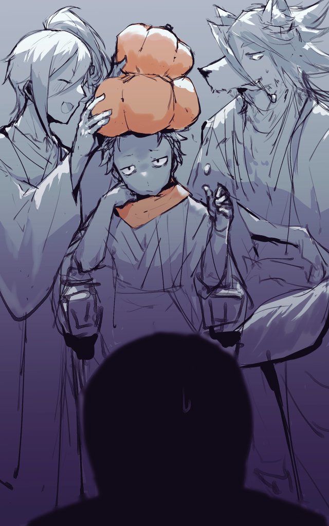 3boys beastman cecilus_segmunt halloween japanese_clothes kimono multiple_boys natsuki_subaru pipe pumpkin re:zero_kara_hajimeru_isekai_seikatsu sanpaku scarf side_ponytail sweatdrop throne