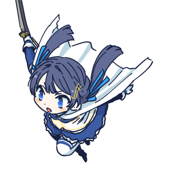 1girl blue_eyes blue_hair blue_ribbon blue_shirt blue_skirt cape commentary cosplay dark_blue_hair hair_ribbon holding holding_sword holding_weapon link!_like!_love_live! long_hair love_live! low_twintails mahou_shoujo_madoka_magica miki_sayaka miki_sayaka_(cosplay) miki_sayaka_(magical_girl) murano_sayaka name_connection open_mouth ribbon shinanoya_(satanicad) shirt simple_background skirt solo sword thighhighs twintails v-shaped_eyebrows virtual_youtuber weapon white_background white_cape white_thighhighs
