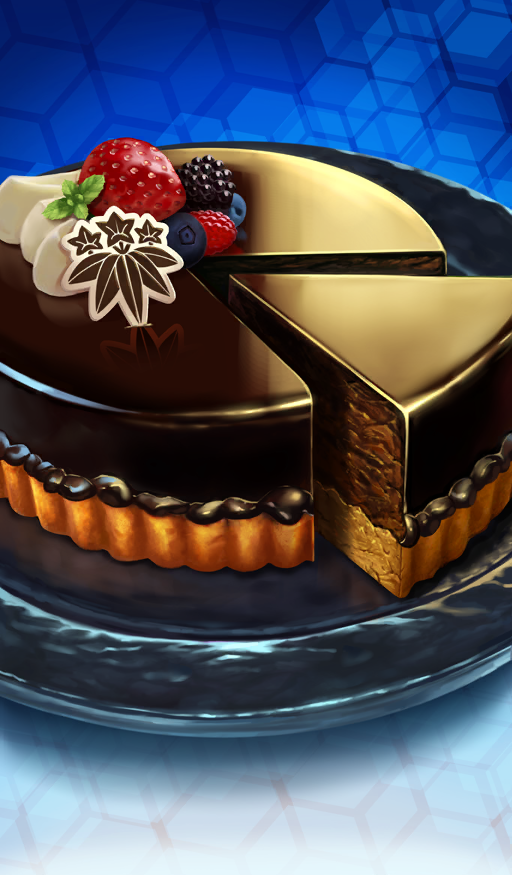 beppu_mitsunaka blackberry_(fruit) blue_background blueberry cake cake_slice check_food chocolate chocolate_tart commentary dessert fate/grand_order fate_(series) food food_focus food_request fruit garnish mint no_humans official_art plate raspberry still_life strawberry tart_(food) third-party_source