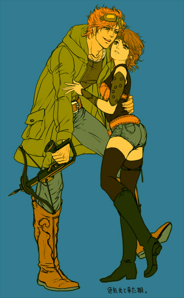 1boy 1girl ass bat_(hokuto_no_ken) bodystocking boots bow breasts brown_eyes brown_hair commentary_request denim goggles goggles_on_head hetero hokuto_no_ken jacket jeans jobo_(isi88) lin_(hokuto_no_ken) pants short_hair shorts smile thighhighs