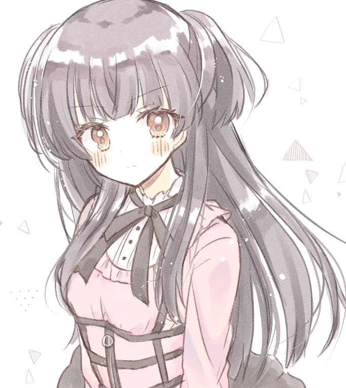 1girl aiyan black_hair black_ribbon blunt_bangs blunt_ends blush brown_eyes closed_mouth commentary_request frown idolmaster idolmaster_shiny_colors long_hair looking_at_viewer mayuzumi_fuyuko neck_ribbon pink_shirt ribbon shirt sidelocks simple_background sketch solo straight_hair two_side_up upper_body white_background