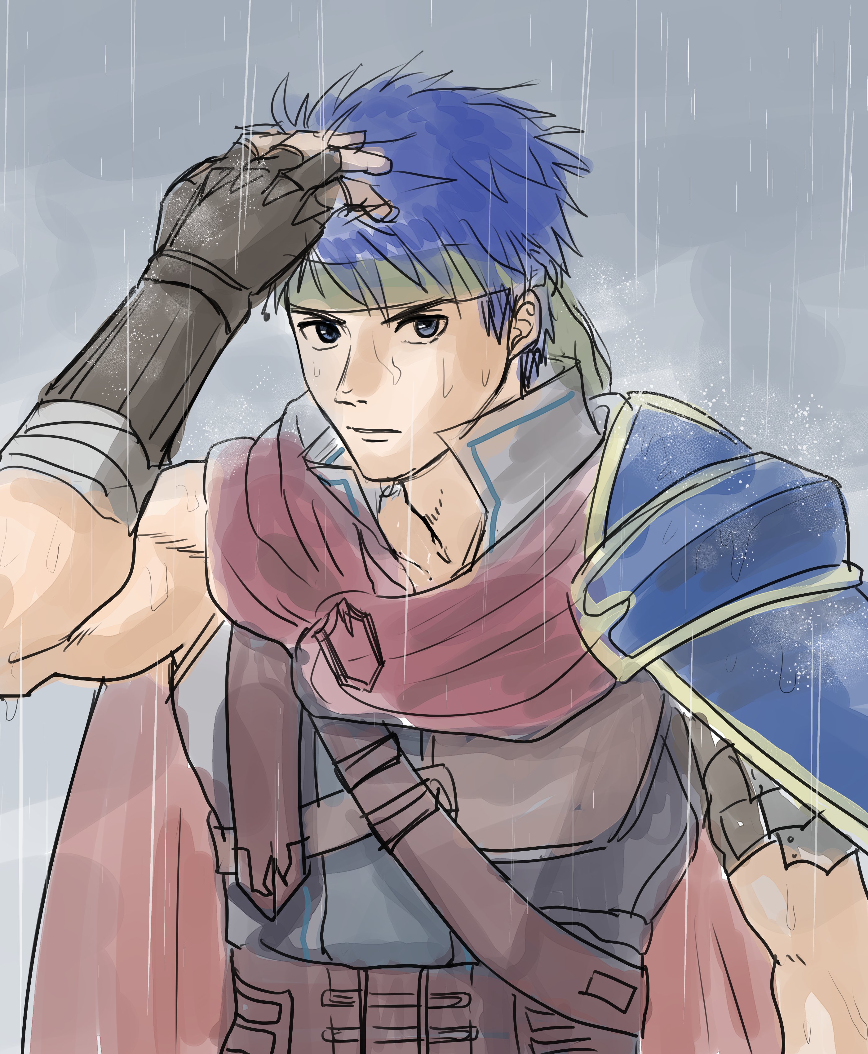 1boy absurdres armor blue_eyes blue_hair cape commentary fire_emblem fire_emblem:_radiant_dawn green_headband hand_on_own_head headband highres ike_(fire_emblem) looking_at_viewer male_focus marukubi9595 nintendo pauldrons rain red_cape short_hair shoulder_armor single_pauldron solo symbol-only_commentary upper_body