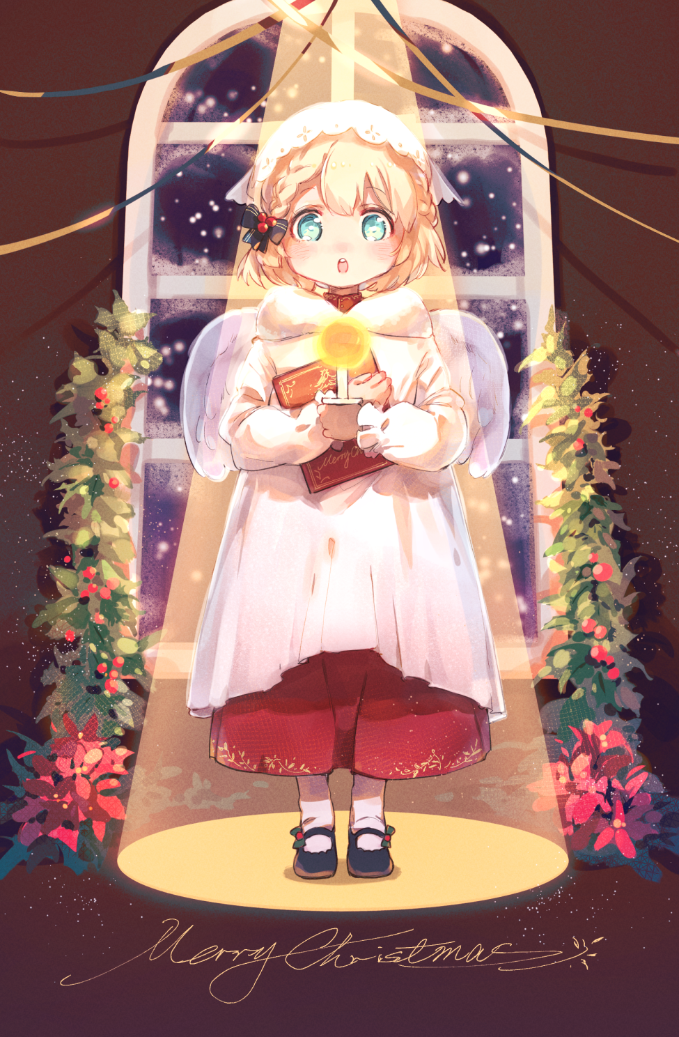 1girl :o aged_down altar angel_wings black_shoes blonde_hair blue_eyes brown_background candle christmas dress english_text feathered_wings full_body fur-trimmed_collar fur_trim g36_(girls&#039;_frontline) g36_(mini_maid)_(girls&#039;_frontline) girls&#039;_frontline hair_ribbon hat headscarf highres imoko_(imonatsuki) long_sleeves maid_headdress mary_janes merry_christmas mistletoe red_skirt ribbon robe shoes skirt snowing solo spotlight standing upper_body white_dress white_hat window wings