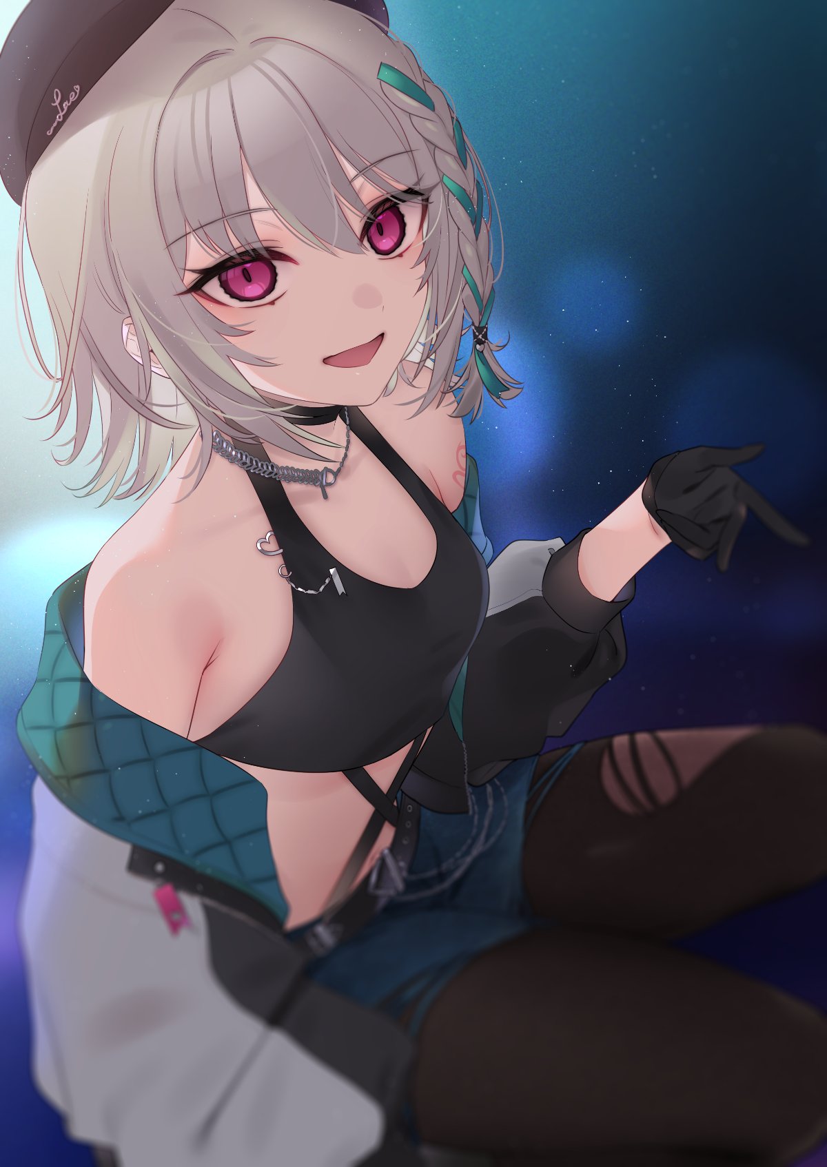 7zu7 aogiri_koukou beret black_pantyhose black_tank_top braid breasts commentary_request crop_top grey_hair hair_ribbon hat highres jacket jewelry looking_at_viewer medium_hair moemi necklace off_shoulder open_clothes open_jacket open_mouth pantyhose pink_eyes ribbon_braid single_braid sitting small_breasts smile tank_top virtual_youtuber