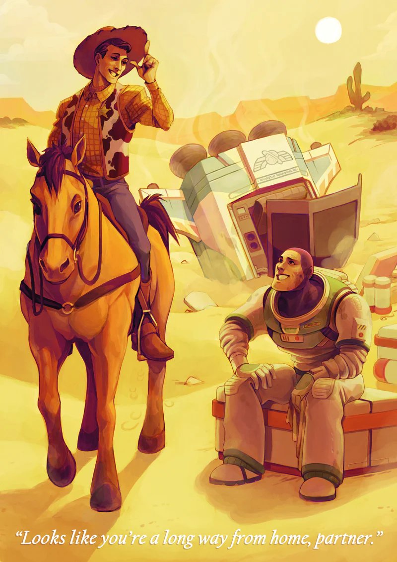 2boys animal_print astronaut bullseye_(toy_story) buzz_lightyear cactus cow_print cowboy day denim desert english_text h0lysarthole hat horse horseback_riding jeans male_focus multiple_boys outdoors pants riding sheriff_woody shirt sky spacecraft sun toy_story vest western yellow_shirt yellow_sky