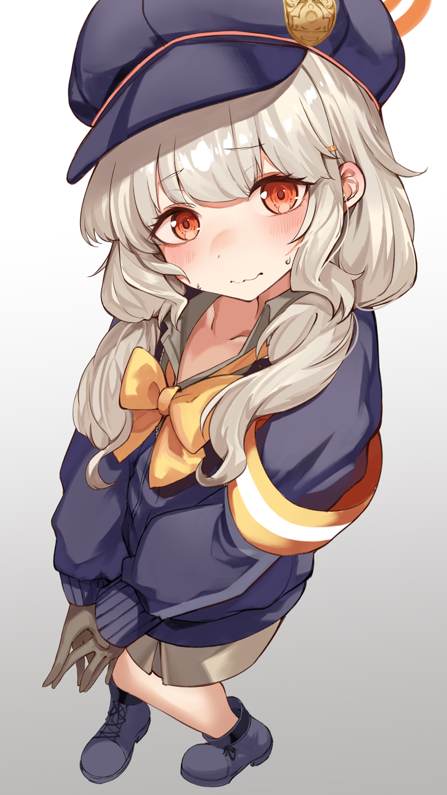1girl aoba_(blue_archive) armband blonde_hair blue_archive blue_jacket blush boots bow bowtie breasts closed_mouth collarbone gloves hair_ornament halo hat highres jacket long_hair looking_at_viewer orange_bow orange_bowtie peaked_cap pleated_skirt red_eyes simple_background skirt small_breasts solo white_background yu_ni_t