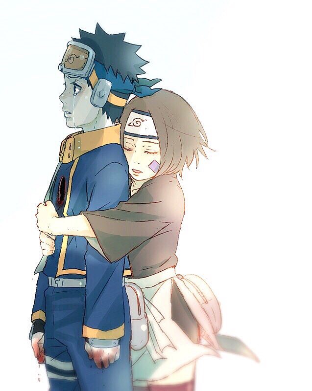 1boy 1girl black_hair blood blood_on_hands brown_hair closed_eyes crying crying_with_eyes_open deep_wound forehead_protector goggles hug hug_from_behind injury meitarou naruto_(series) naruto_shippuuden nohara_rin short_hair spiked_hair tears uchiha_obito