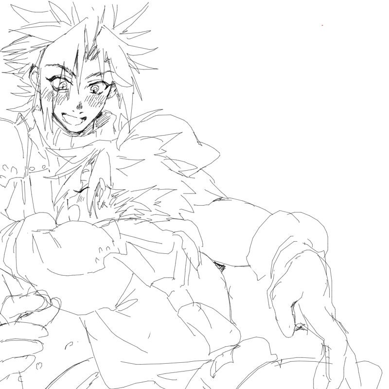 2boys blush cloud_strife commentary_request crisis_core_final_fantasy_vii earrings final_fantasy final_fantasy_vii gloves happy hug jewelry male_focus multiple_boys open_mouth shirt short_hair single_earring sketch sleeveless smile spiked_hair turtleneck white_background yaoi zack_fair zc_furuya