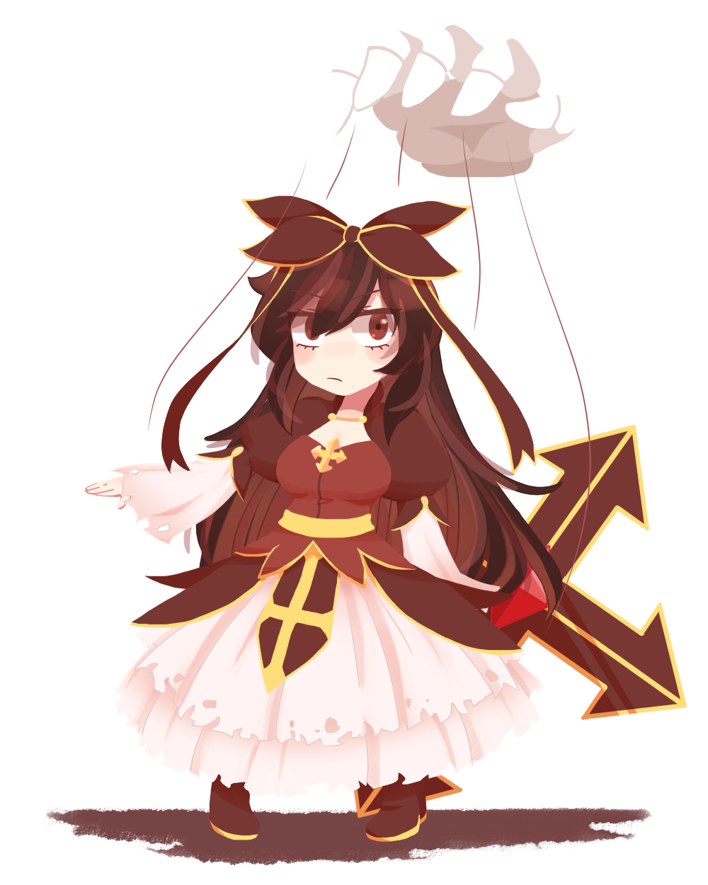 1girl blckbrd17 boots bow breasts brown_boots brown_bow brown_dress brown_eyes brown_hair brown_shirt celine_kimi closed_mouth commentary cross dress english_commentary frown full_body hair_bow highres long_hair looking_at_viewer marionette medium_breasts puppet ragnarok_online shirt simple_background skirt solo transparent_background very_long_hair white_skirt