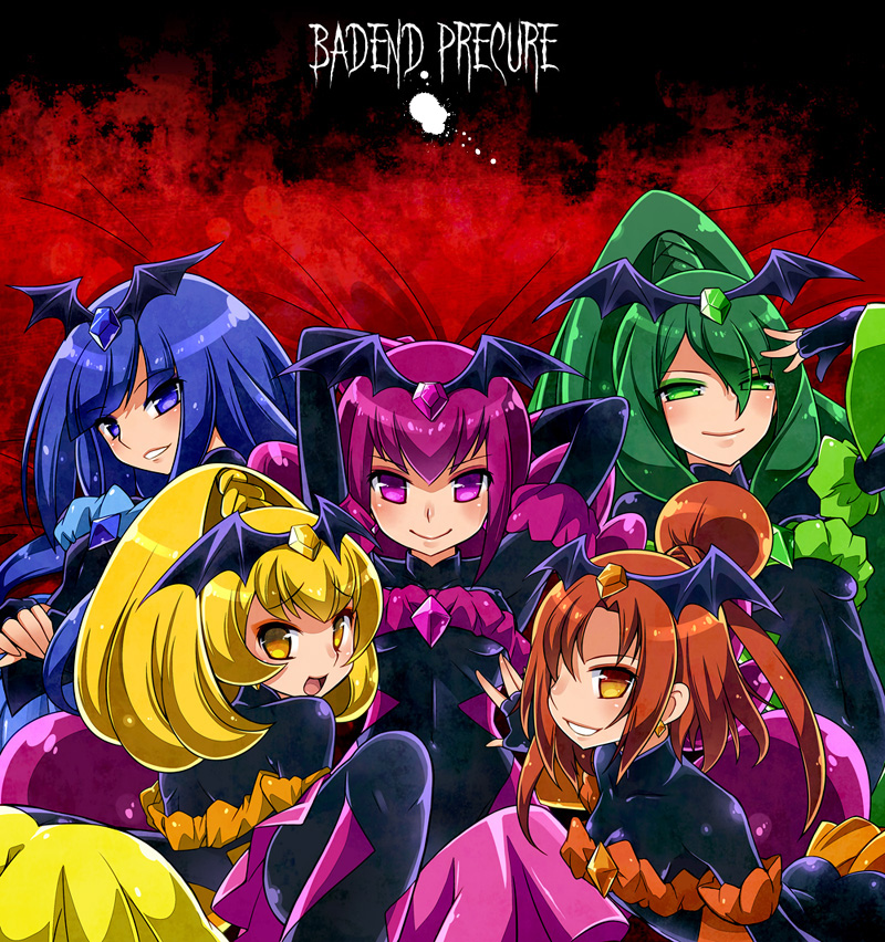 10s 5girls bad_end_beauty bad_end_happy bad_end_march bad_end_peace bad_end_precure bad_end_sunny bat_wings black_bodysuit blonde_hair bodysuit dark_persona female_focus fingerless_gloves gloves gradient_background katsuma_rei long_hair multiple_girls pink_eyes pink_hair precure smile smile_precure! tiara twintails wings yellow_eyes