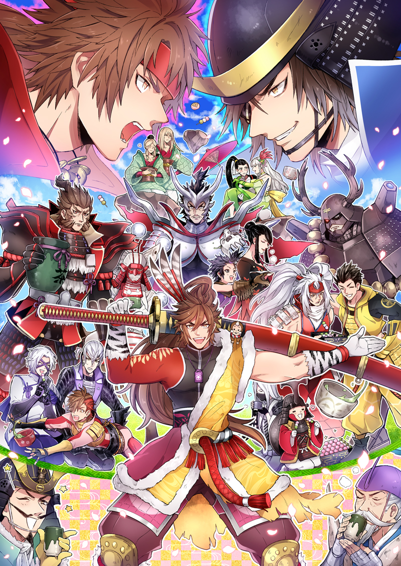 3girls 6+boys =_= ^_^ akechi_mitsuhide_(sengoku_basara) armor blonde_hair blush brown_hair carrying closed_eyes cup dango date_masamune_(sengoku_basara) drinking eating eye_contact facial_hair food goatee grey_hair grin hair_bun hair_ornament headband helmet holding holding_food honda_tadakatsu_(sengoku_basara) houjou_ujimasa_(sengoku_basara) ii_naotora_(sengoku_basara) ishida_mitsunari_(sengoku_basara) japanese_armor japanese_clothes kabuto_(helmet) kkkaaaayyy kobayakawa_hideaki_(sengoku_basara) kyougoku_maria_(sengoku_basara) long_hair looking_at_another looking_at_viewer maeda_keiji_(sengoku_basara) male_focus mogami_yoshiaki_(sengoku_basara) multiple_boys multiple_girls mustache nouhime_(sengoku_basara) oda_nobunaga_(sengoku_basara) one_eye_closed ootachi ootani_yoshitsugu_(sengoku_basara) open_mouth ponytail princess_carry red_headband sanada_nobuyuki_(sengoku_basara) sanada_yukimura_(sengoku_basara) sen_no_rikyuu_(sengoku_basara) sengoku_basara shima_sakon_(sengoku_basara) short_hair shouting single_hair_bun smile star_(symbol) takenaka_hanbee_(sengoku_basara) tea tenkai_(sengoku_basara) tokugawa_ieyasu_(sengoku_basara) topknot toyotomi_hideyoshi_(sengoku_basara) triangle_mouth twintails wagashi white_hair yumekichi yunomi