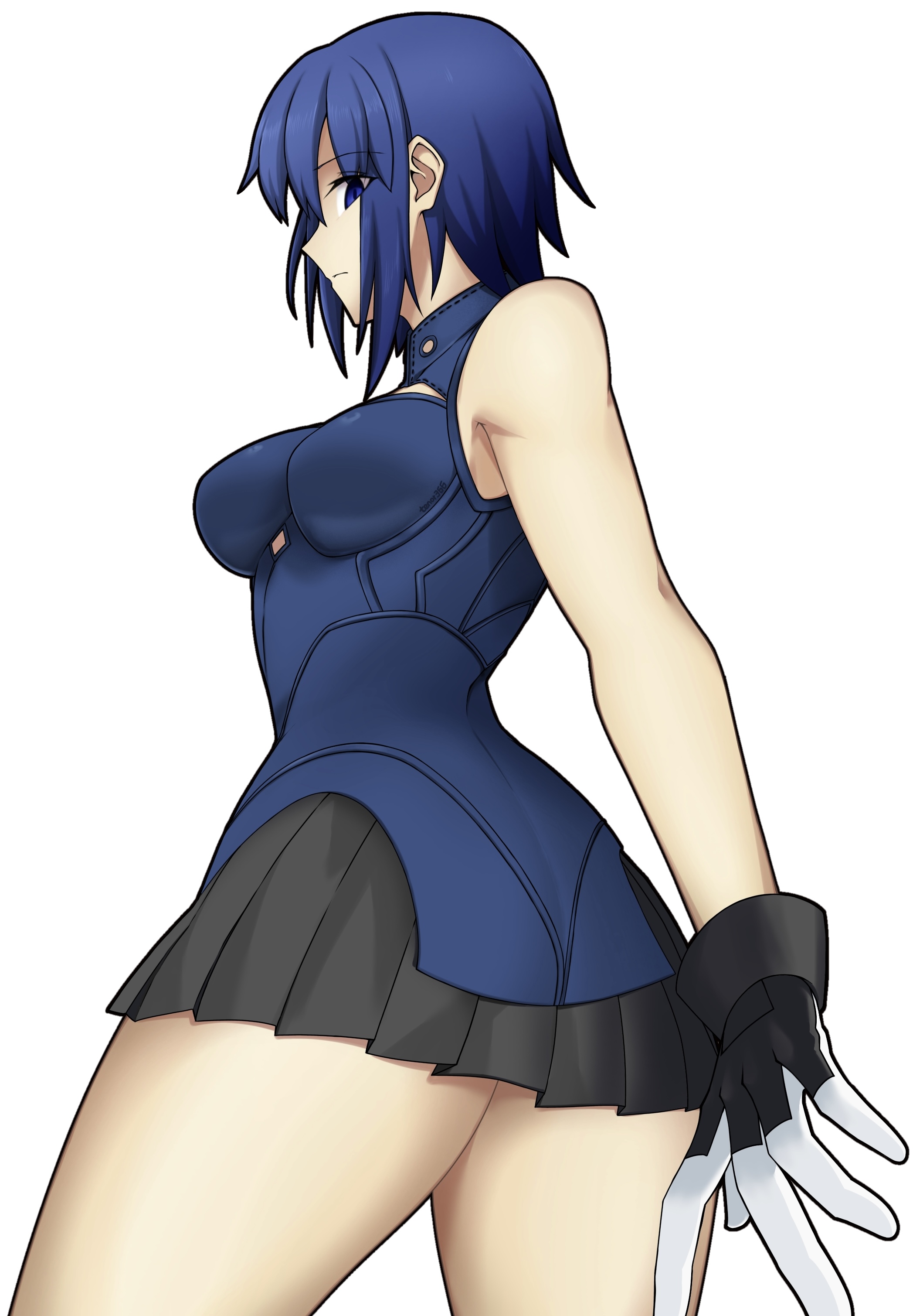 1girl absurdres ass bare_shoulders black_gloves black_skirt blue_dress blue_eyes blue_hair breasts ciel_(tsukihime) dress gloves highres large_breasts looking_at_viewer moyashi_(tenor366) pelvic_curtain powered_ciel short_dress short_hair skirt sleeveless sleeveless_dress solo tsukihime white_background