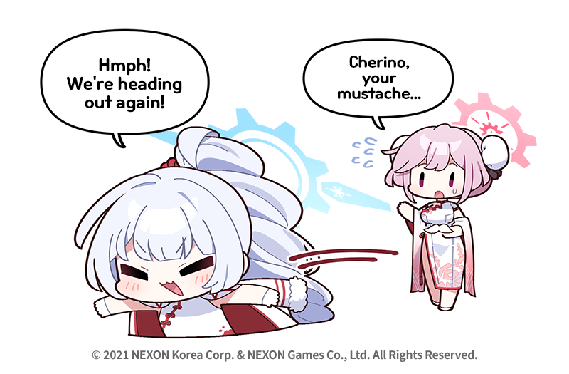 2girls blue_archive blue_halo bun_cover cherino_(blue_archive) cherino_(qipao)_(blue_archive) chibi commentary cropped_torso donmin_h double_bun dress english_commentary fake_facial_hair fake_mustache flying_sweatdrops fur-trimmed_sleeves fur_trim gloves grey_hair hair_bun halo long_hair looking_at_another motion_lines multiple_girls no_nose official_art open_mouth pink_hair pink_halo smile speech_bubble standing tomoe_(blue_archive) tomoe_(qipao)_(blue_archive) v-shaped_eyebrows very_long_hair white_dress white_gloves