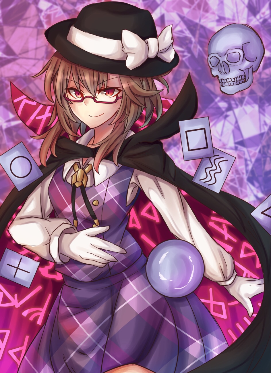 1girl abstract_background alternate_eye_color alternate_hairstyle aura black_hat bolo_tie bow brown_hair cape card clothes_writing cowboy_shot crystal_ball fedora female_focus floating gloves gradient_background greek_text hat hat_bow highres levitation long_sleeves occult_ball pink_background plaid_clothes plaid_skirt plaid_vest purple_background purple_skirt purple_vest quimbaya_airplane red-framed_eyewear red_eyes ri_cochet runes school_uniform semi-rimless_eyewear short_hair skirt skirt_set skull smile solo thighs touhou under-rim_eyewear usami_sumireko vest white_bow white_gloves zener_card