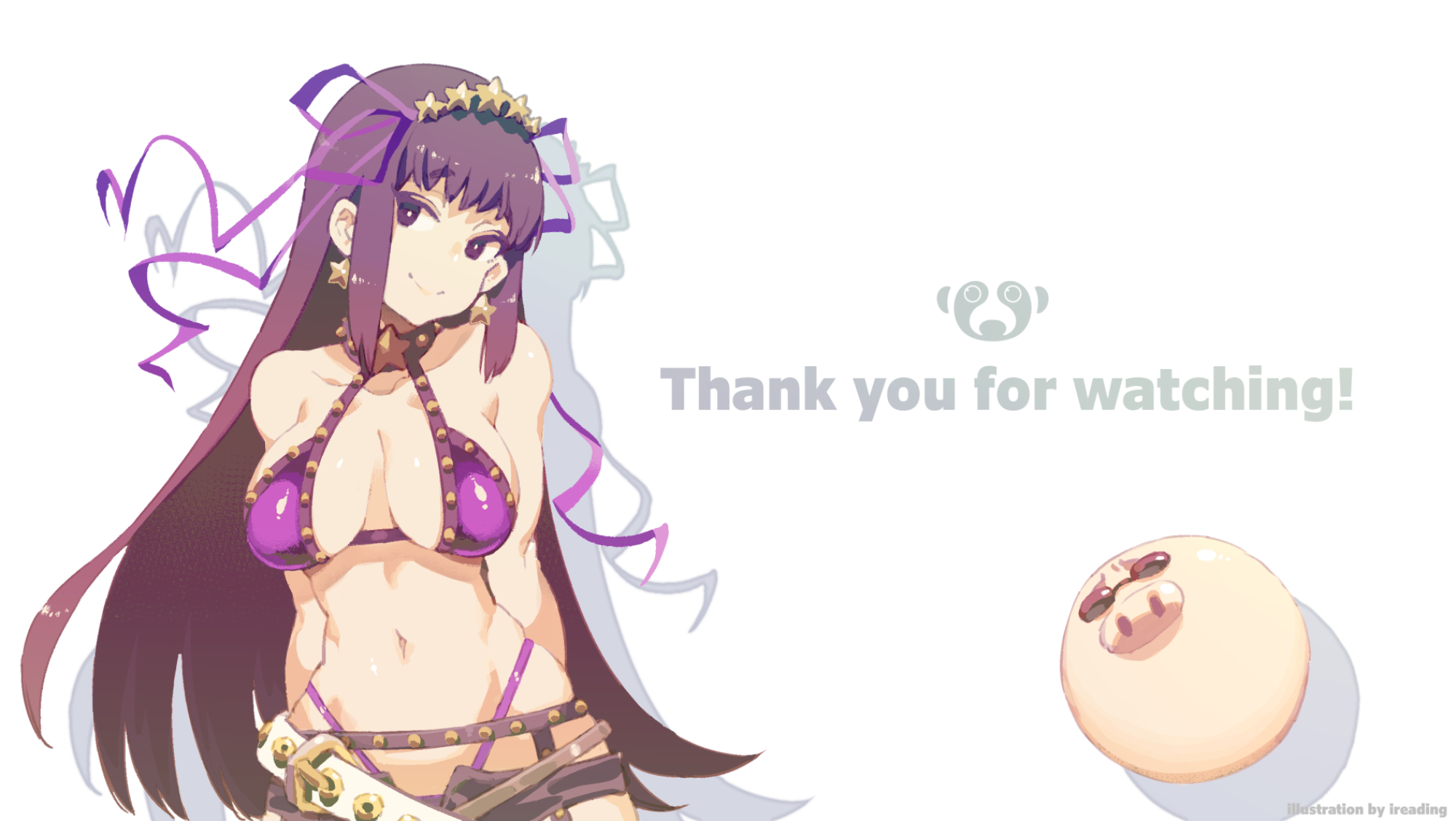 1girl 1other arms_behind_back artist_name ball bare_arms bare_shoulders bb_(fate) bb_(swimsuit_mooncancer)_(fate) bb_(swimsuit_mooncancer)_(second_ascension)_(fate) bikini black_shorts breasts character_request check_character cleavage closed_mouth collared_bikini commentary_request creature dated_commentary earrings english_text fate/grand_order fate_(series) highleg highleg_bikini highres ireading jewelry large_breasts long_hair looking_at_viewer navel pig_nose purple_bikini purple_eyes purple_hair purple_ribbon ribbon shadow short_shorts shorts simple_background smile star_(symbol) star_earrings stomach studded_bikini sunglasses swimsuit upper_body very_long_hair white_background yellow_tiara