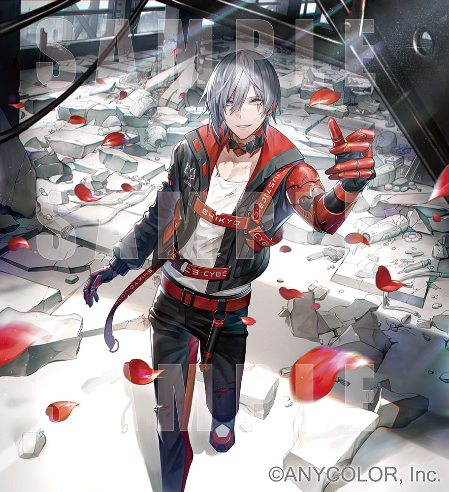 1boy belt black_jacket black_pants copyright_name facial_mark fulgur_ovid fulgur_ovid_(1st_costume) grey_eyes grey_hair jacket male_focus mechanical_arms nijisanji nijisanji_en official_art pants red_belt ruins sample_watermark senano-yu shirt shoes sneakers solo standing teeth virtual_youtuber watermark white_shirt