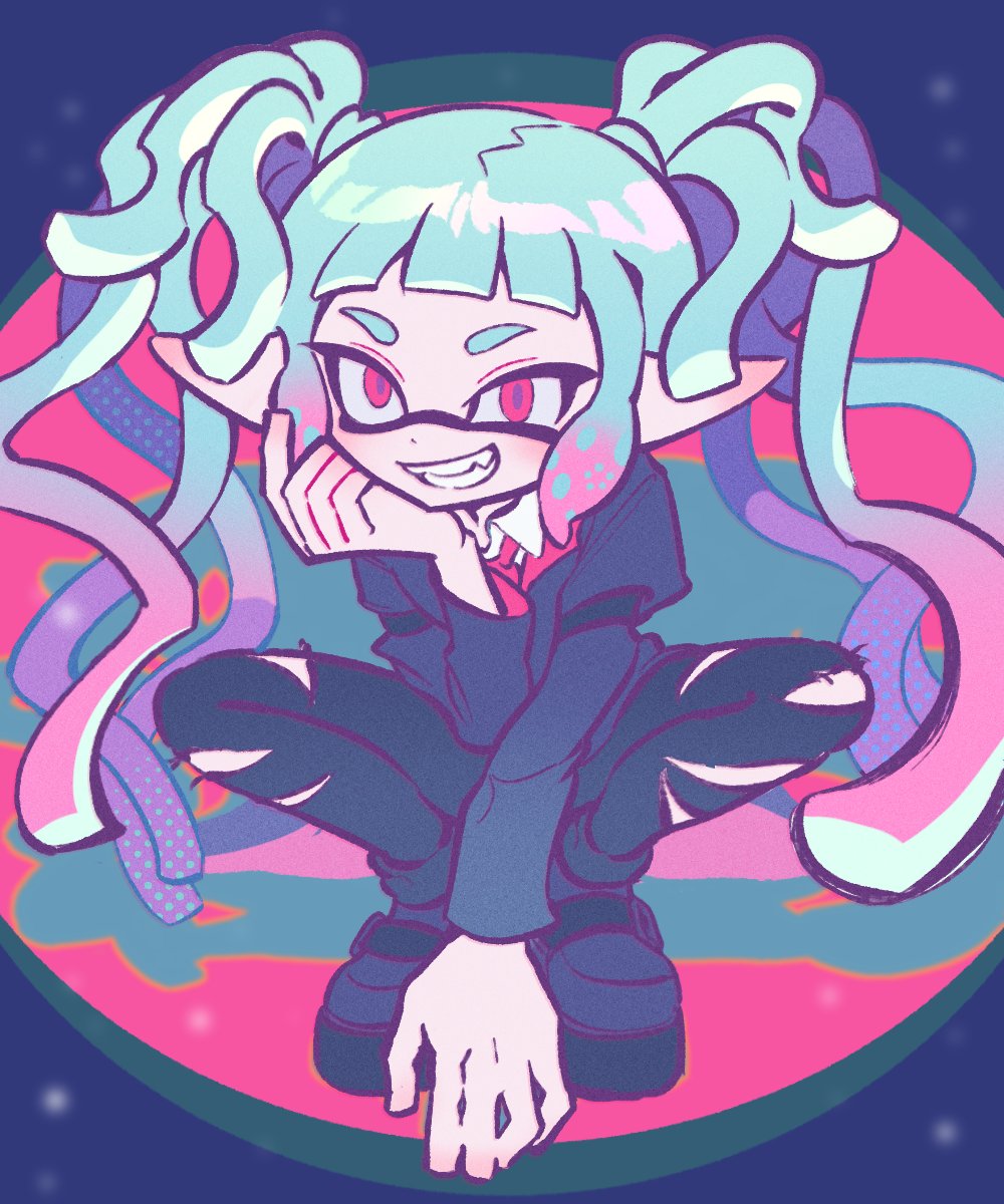 1girl black_pants blue_border blue_hair border commentary_request dot_nose highres inkling korean_commentary nintendo pants pink_hair pointy_ears red_eyes red_sole-chan_(splatoon) shoes sidelocks smile solo splatoon_(manga) splatoon_(series) squatting teeth torn_clothes torn_pants twintails ufo_sw wavy_hair
