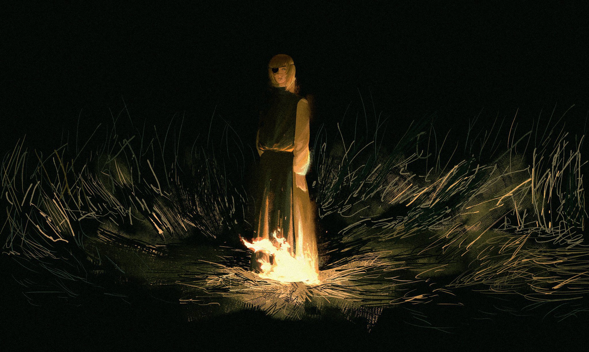 1boy badeni blonde_hair blue_eyes burning chi.:_chikyuu_no_undou_ni_tsuite eyepatch fire full_body grass highres looking_at_viewer male_focus medium_hair night outdoors scapular scar scar_on_face scar_on_lip scar_on_mouth scar_on_nose solo standing tonsure toro_(gyuhmtdao15070)