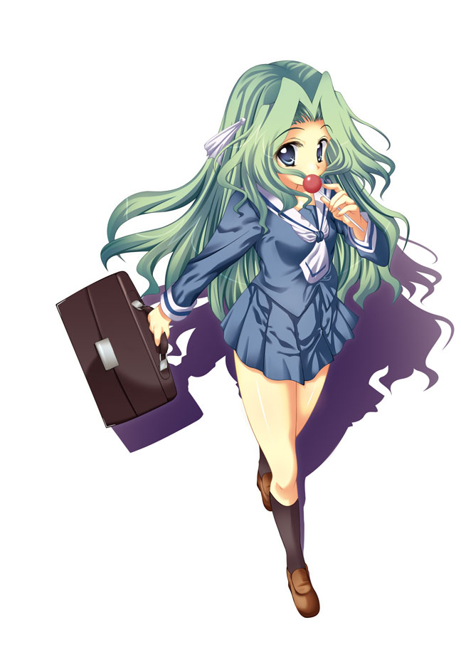 00s bad_id bad_pixiv_id black_socks blue_eyes briefcase candy food green_hair hair_ribbon kasugano_nene kneehighs lollipop long_hair mikazukimo momo_at_ten potemayo ribbon school_uniform serafuku skirt socks solo