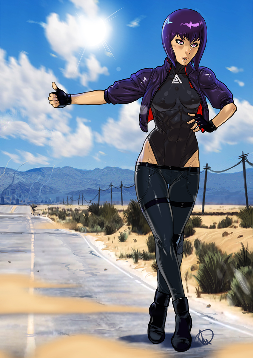 ganassa ghost_in_the_shell ghost_in_the_shell:_sac_2045 ghost_in_the_shell:_stand_alone_complex highres hitchhiking kusanagi_motoko nipples_visible_through_shirt tagme