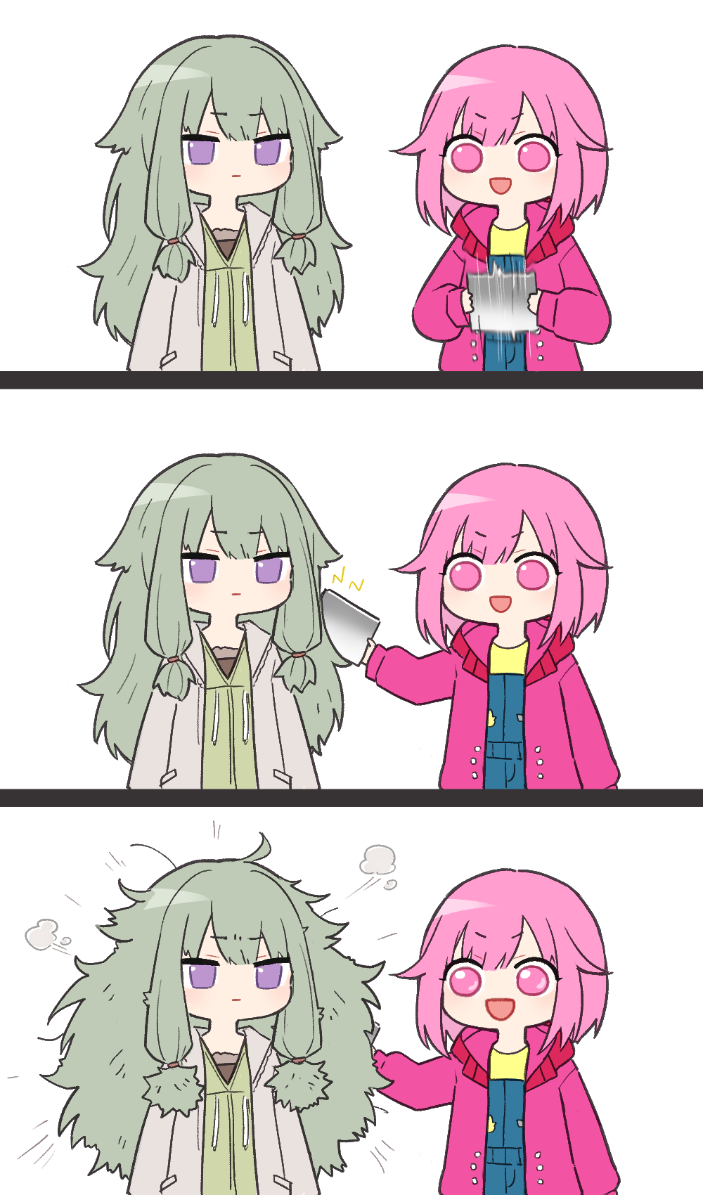 132_(bb32768) 2girls 3koma :d arm_at_side arms_at_sides blunt_bangs bob_cut chinese_commentary closed_mouth comic commentary_request green_hair grey_jacket hand_up highres holding hood hood_down jacket kusanagi_nene long_hair long_sleeves low-tied_sidelocks motion_blur multiple_girls ootori_emu open_mouth pink_eyes pink_hair pink_jacket project_sekai purple_eyes short_hair sidelocks silent_comic smile upper_body white_background