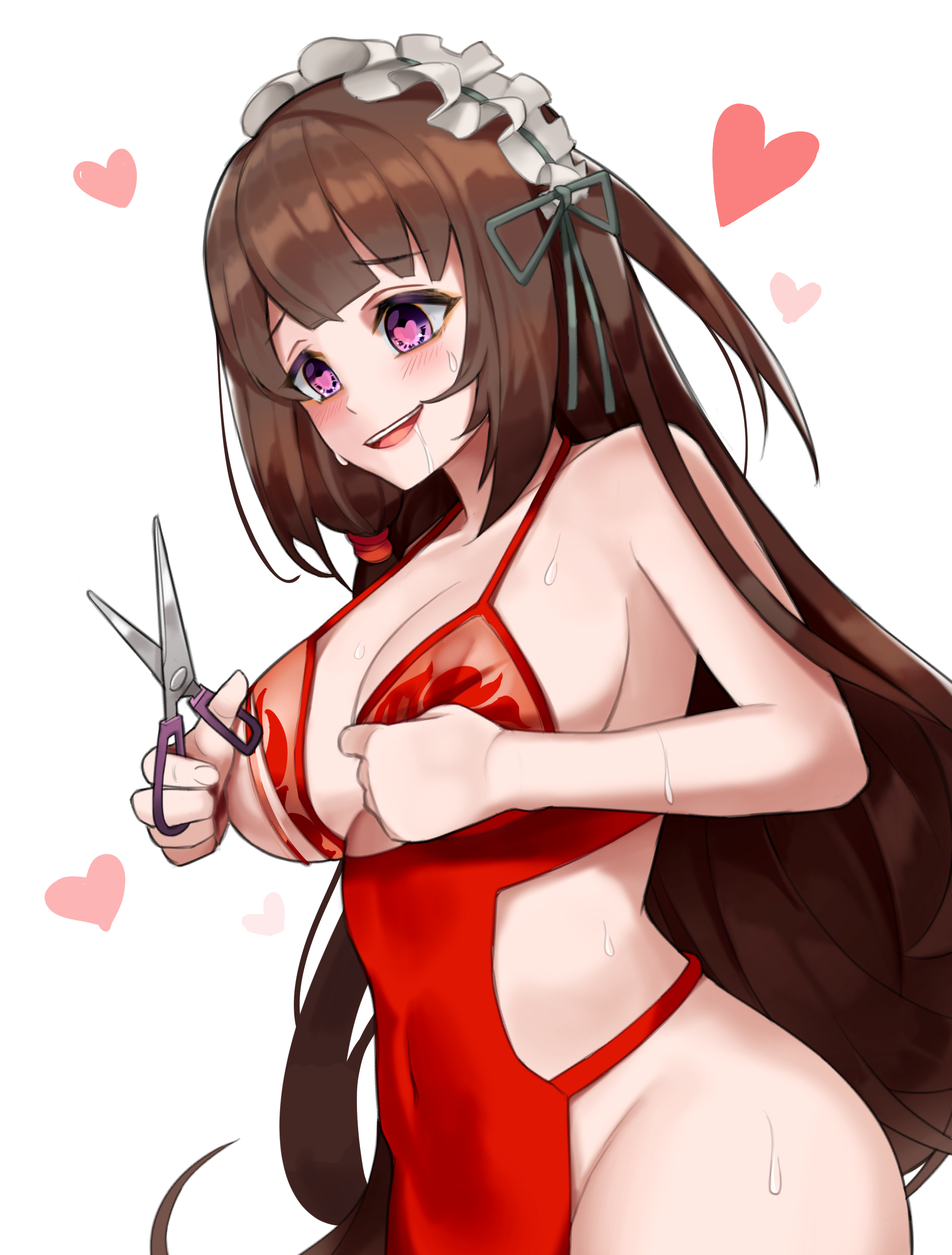 1girl absurdres blush breasts brown_hair cleavage drooling eh-526 empty_eyes heart heart-shaped_pupils highres large_breasts last_origin long_hair maid_headdress open_mouth purple_eyes saliva scissors scissors_lise skindentation smile sweat symbol-shaped_pupils yandere