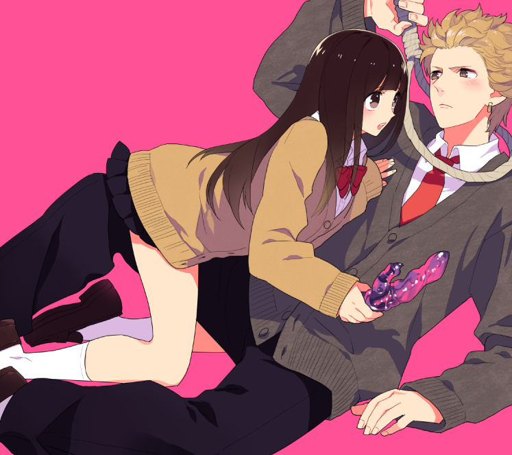 1boy 1girl black_hair blonde_hair blush cardigan dildo earrings gum_(gmng) jewelry long_hair necktie noose open_mouth pink_background rope sayono-kun school_uniform seitokaichou_(seitokaichou_to_sayono-kun) seitokaichou_to_sayono-kun shoes short_hair socks white_legwear